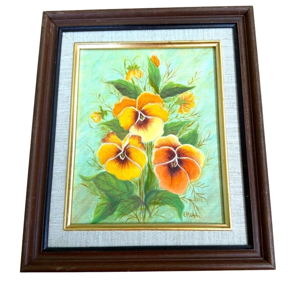 Pansies on Green Painting Framed Mid Century Signed E. Ruth Original Art Cottage